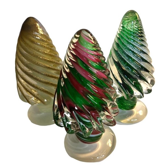 Hand Blown Figurine Christmas Tree Forest Green Clear Glass White Snow On Tree - Picture 9 of 10